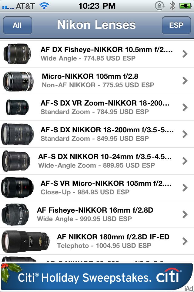 Screen Shot - Nikon Lenses iPhone App